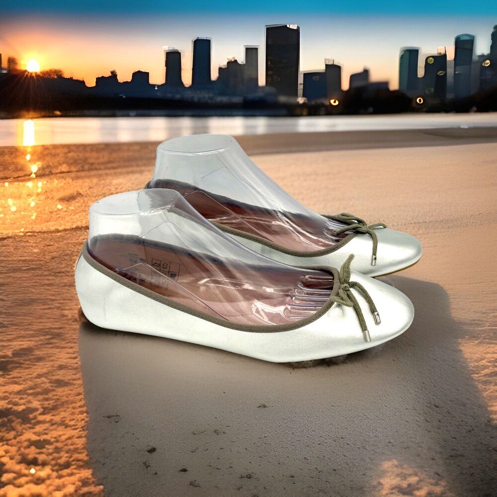 Lands' End Womens Essential Leather Ballet Flats Silver Metallic Bow Size 9B